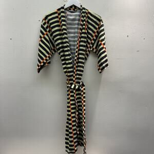 Vintage Ikea Marimekko Graphic Kimono Bathrobe Green Striped Loungewear Cotton